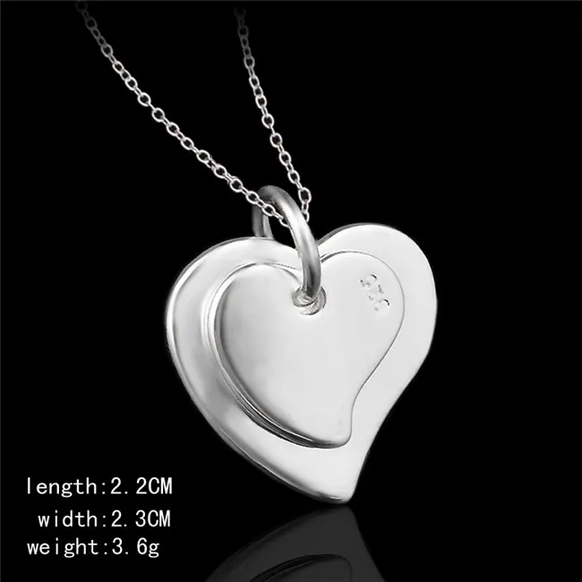 Barato moda jóias 925 sterling silver double heart pingente de colar de presente do Dia dos Namorados para meninas frete grátis