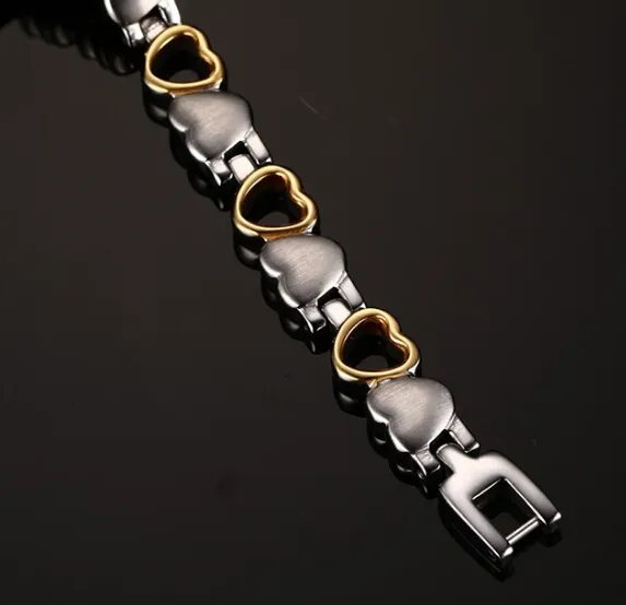 Moda Yeni Gümüş Altın 316L Paslanmaz Çelik Katı Ve Hollow Kalp Link Zinciri Manyetik Bilezik Kadınlar / lady Güzel Hediye Takı