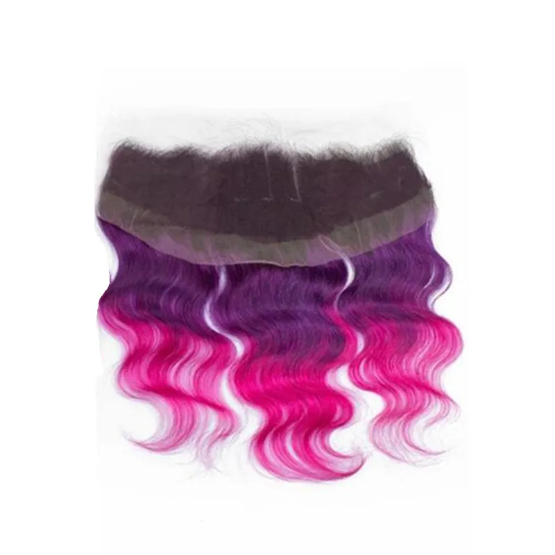 Ombre Cor Extensões de Cabelo Com Top Frontal Muito Fechamento Ombre Cor 1B Roxo Rosa Cabelo Humano 3 Pacotes Com 13x4 Fechamento de Rendas