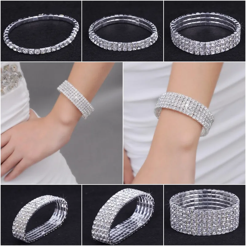 1-10 row Shiny Rhinestone Elastic Lady Bangle Stretch Crystal Bangle Bracelet Fit Party Prom Wedding Bride Jewelry Gift Various Choose ZAU*5