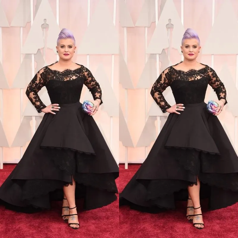 Plus Size Długie Suknie Formalne Kelly Osbourne Celebrity Czarna Koronka Wysoka Low Red Carpet Sheer Evening Dresses Ruffles Party Suknie