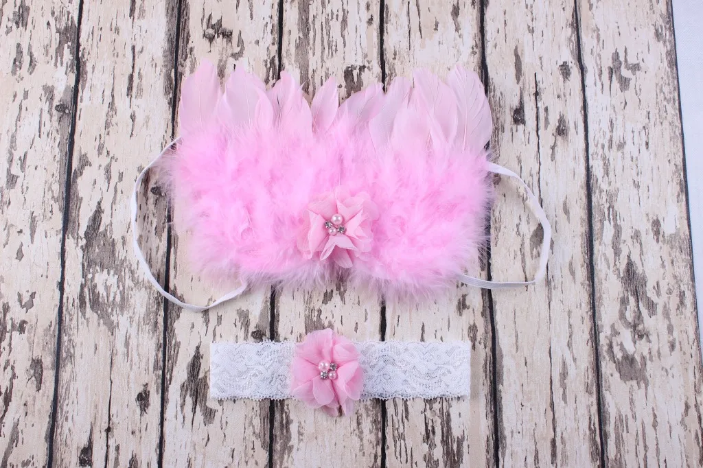 Ailes D'ange Ailes De Plumes Bébé Fille Fleur Dentelle Bandeau Séance Photo Cheveux Accessoires Pour Nouveau-nés Bandeau Costume Photo Prop YM6119