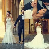 New Romantic White Ivory Sweetheart Mermaid Wedding Dresses 2015 Lace Up Back Vestido De Noiva Renda Court Train Dress Bride