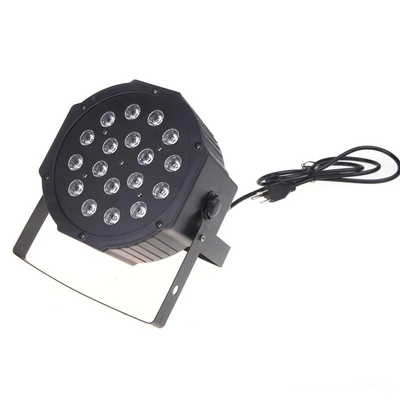 Gratis frakt Stor LED-scenlampa 18x3W 54W 85-265V hög effekt RGB par belysning med DMX 512 Master Slave LED Flat DJ Auto-Controller