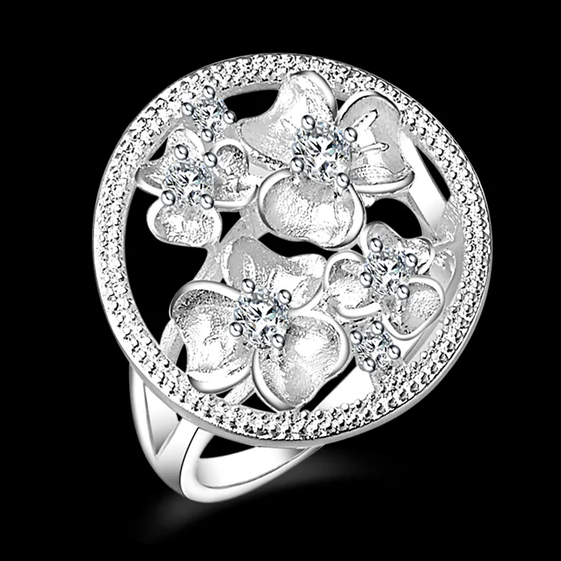 Livraison gratuite Nouveaux bijoux de mode en argent sterling 925 Grande fleur diamant blanc avec bague en zircon Pave vente chaude fille cadeau 1719