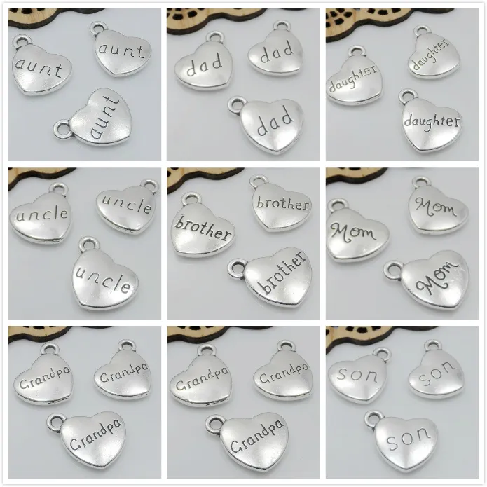 50 stuks Verzilverd I love You To The Moon And Back HARTVORM CHARMS FIT ARMBAND Zus VADER ZOON MOEDER 14x18mm