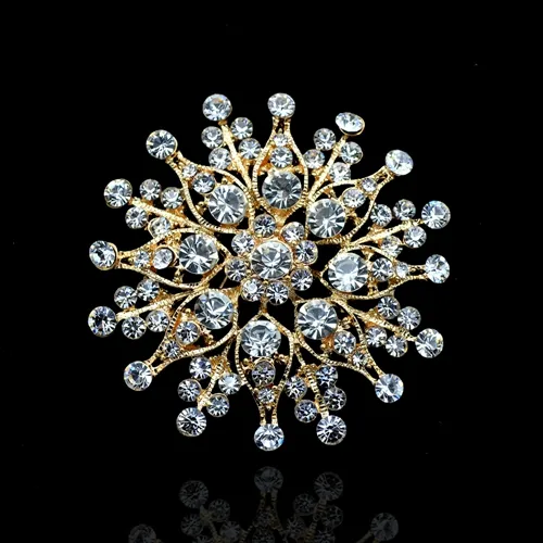 Broche en cristal strass clair plaqué or de 2 pouces, bijoux en forme de fleur de soleil, cadeaux de bal de mariage