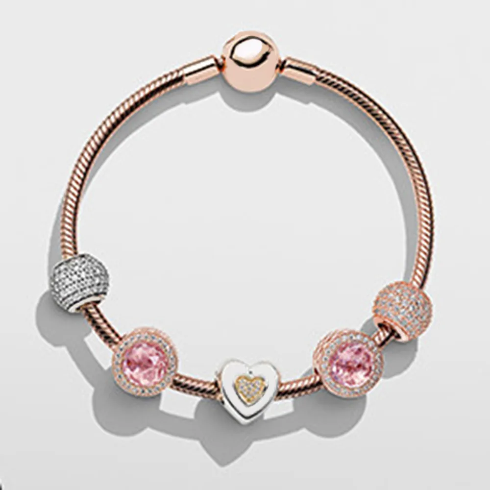 DORAPANG NEUESTEs Armband aus 100 % 925er-Sterlingsilber, Roségold, klassisch, gute Knöpfe, passt zu klaren CZ-Charm-Perlen, passend für Armbänder zum Selbermachen, für Schmuck, Geschenk