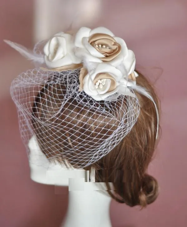 Selling Bride Veil Comb Blusher Birdcage Tulle Ivory Champagne Flowers Feather Bridal Wedding s Hat Dress6261738