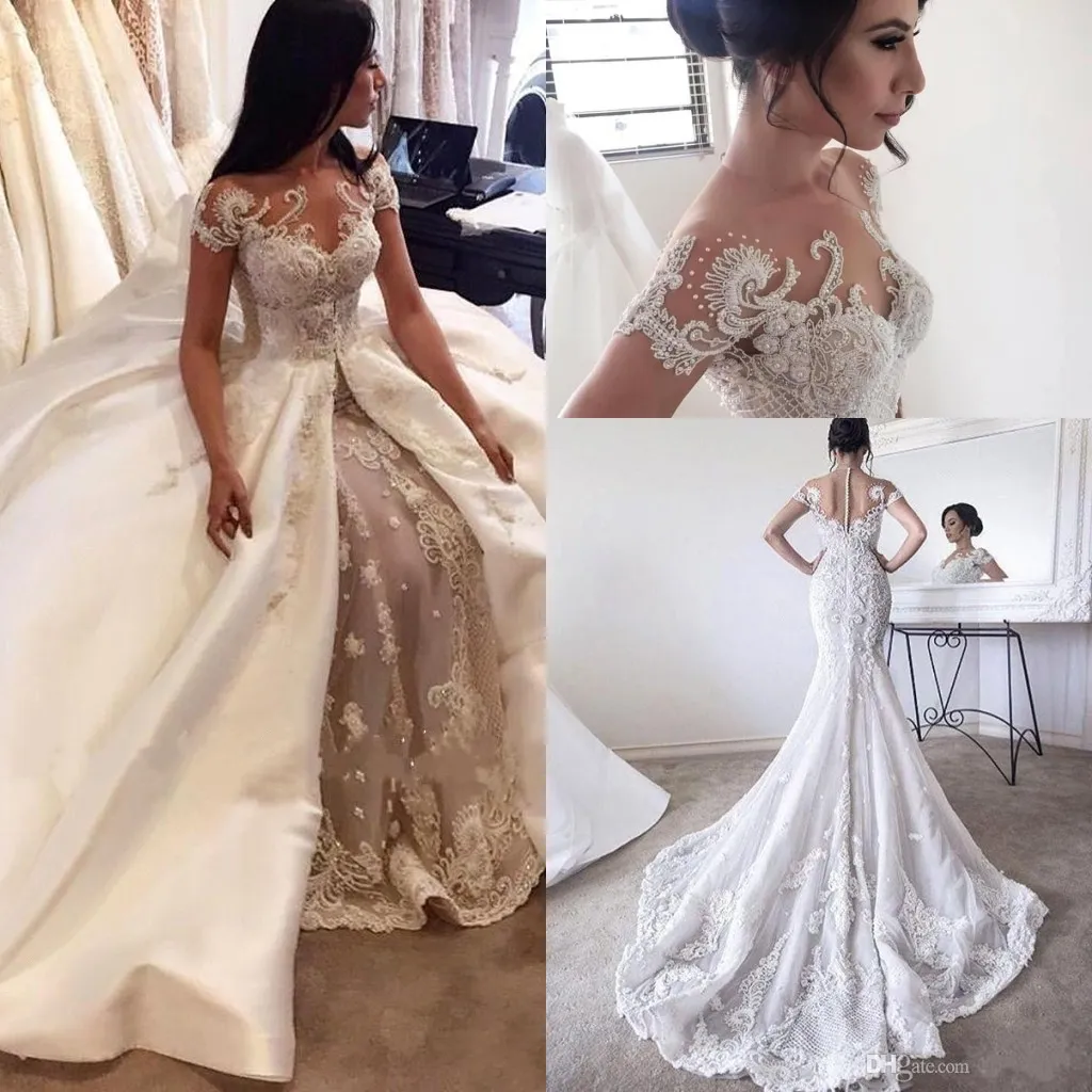 2018 Luxury Overskirts Celebrity Mermaid Wedding Dresses Jewel Neck Illusion Cap Sleeves Lace Appliques Crystal Beading Pearls Plus Size Bridal Dress From Crystalxubridal 259.35 DHgate.Com