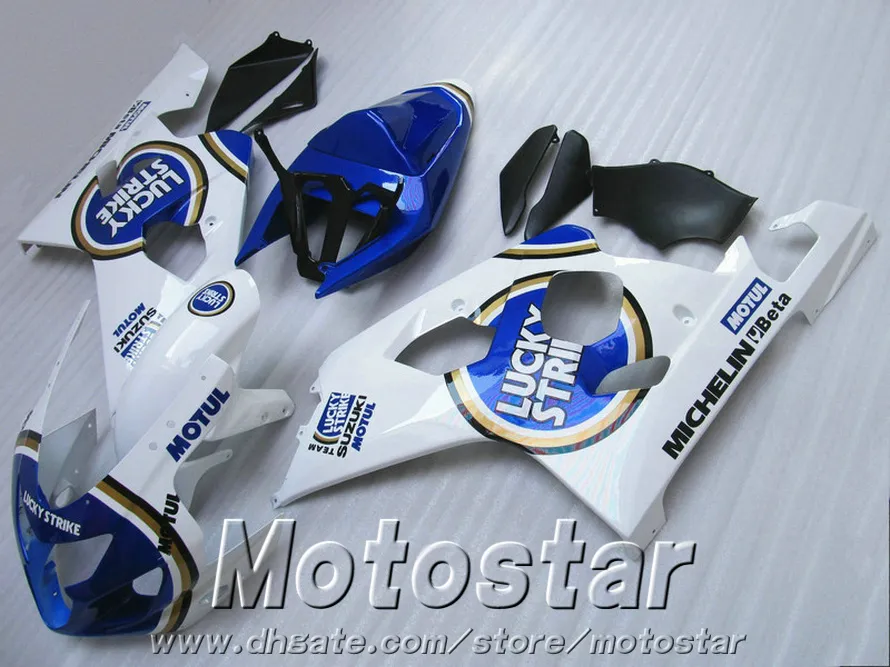 Set carrozzeria di alta qualità carenature SUZUKI GSXR600 GSXR750 04 05 K4 GSX-R600/750 2004 2005 kit carenatura LUCKY STRIKE bianco blu QE36