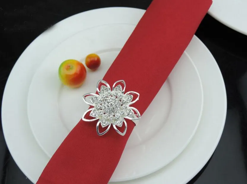 Silver Plated Rhinestone Beaded Flower Napkin ring Serviette Buckle Holder Hotel Wedding Party Favour Decor