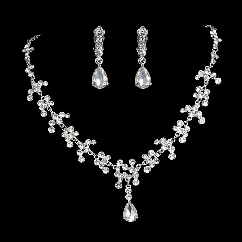 2015 White Clear Crystal 18k Silver Plated Wedding Jewelry Sets para novias Conjunto de joyería de moda con corona Envío gratis