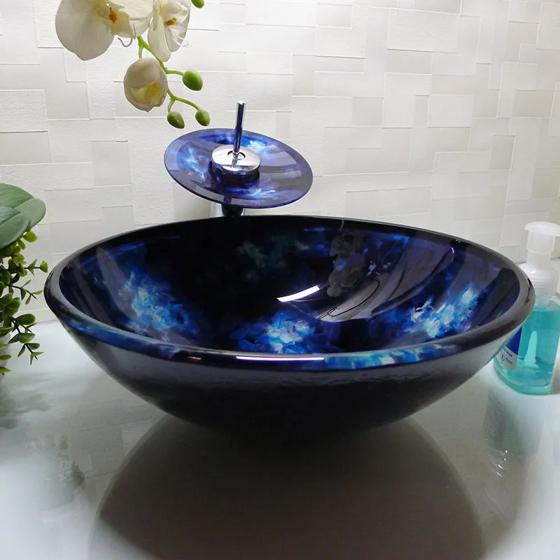 Bathroom tempered glass sink handcraft counter top round basin wash basins cloakroom shampoo vessel bowl HX008