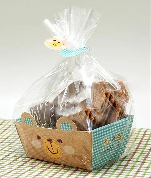 Söt björn genomskinlig platt öppen toppväska cakecookie wrappers, godis, paket (95Set / lot 1set = 1bag +1 pappersbas + klämma slips)