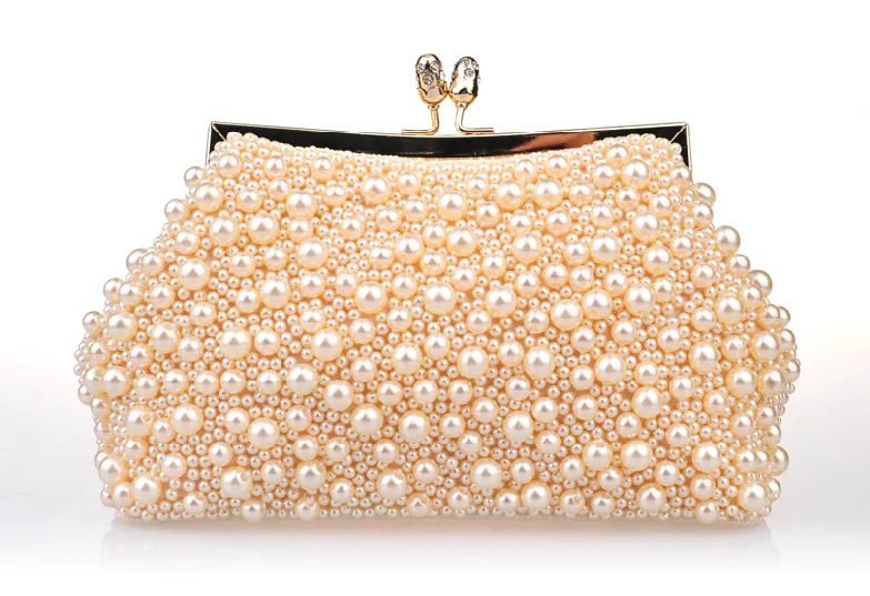 Nytt mode två kedjor Kvinnor Pearl Evening Bag Clutch Gorgeous Bridal Wedding Party Handbag 267g