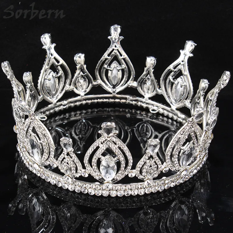 Luksusowe ślubne Headpiece Korowód Full Circle Tiara Wyczyść Austriackie Dżetów King / Queen Crown Wedding Bridal Crown Constume Party Art Deco