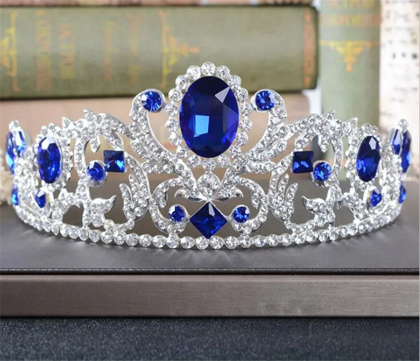 Vintage Blue Crystal Crown Rhinestone Tiara Wedding Bridal Hair Accessories Headpiece Headband Jewelry Silver Prom Headdress Princess Queen