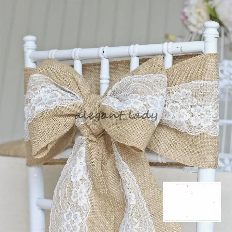 240 x 15cm Lace Bowknot Burlap Chair Sashes Natural Hessian Jute Linen Rustic Chair Cover Tie Bowknot for Wedding Chair Decor DIY Crafts