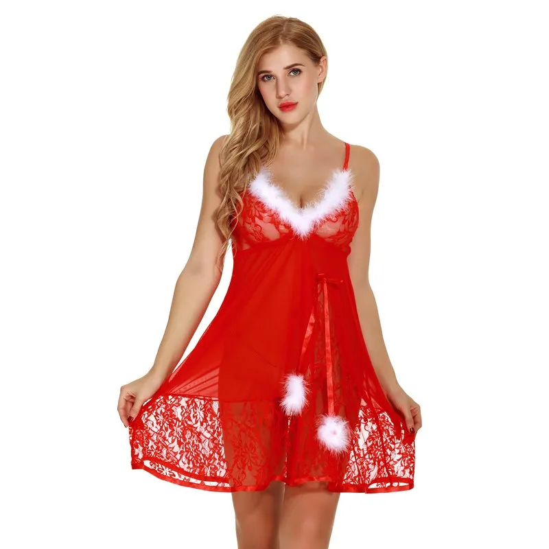 Mulheres Natal Festivo Verde Vermelho Vermelho Sheer Lacy Sleepwear Vestido Branco Fuzzy Pele Trim Babydoll Chemise N Panty Set Sexy Santa Intimar Lingerie