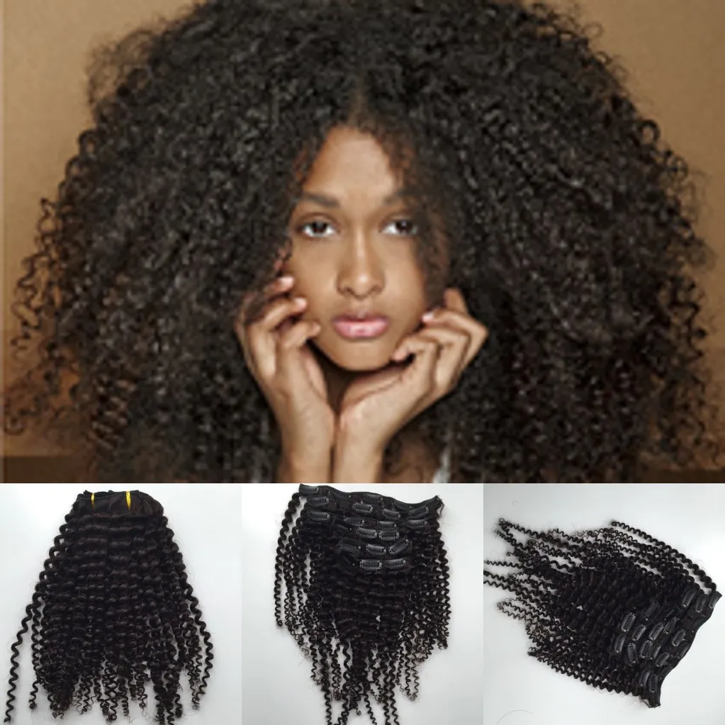 Kinky Curly grampo em grampo de cabelo extensões capilares naturais 4B 4C Africano americano em extensões do cabelo humano 120g 7pcs / set Clipe Ins