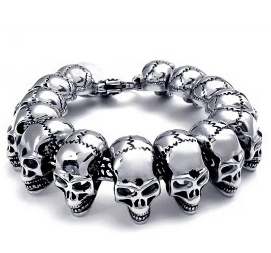 Punk Men Stainless Steel Biker Skull Skeleton Chain Bracelet Cool Hiphop Titanium Steel Biker Bangle for Men Fashion Jewelry