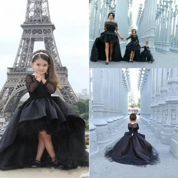 Vestidos de desfile negros para niñas Mangas largas, altas y bajas Vestidos de niña de flores Niños pequeños Adolescentes Ropa formal para niños Fiesta de cumpleaños Vestidos de comunión