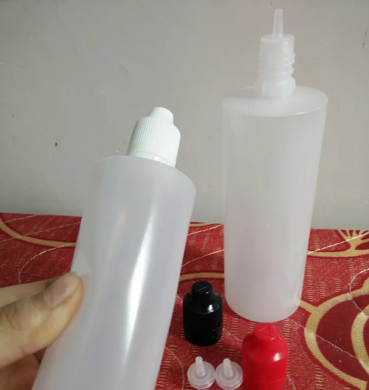 زجاجات تغليف المواد PE بالجملة زجاجة قطارة بلاستيكية 120 مل مع غطاء عبث للأطفال وطرف رفيع طويل