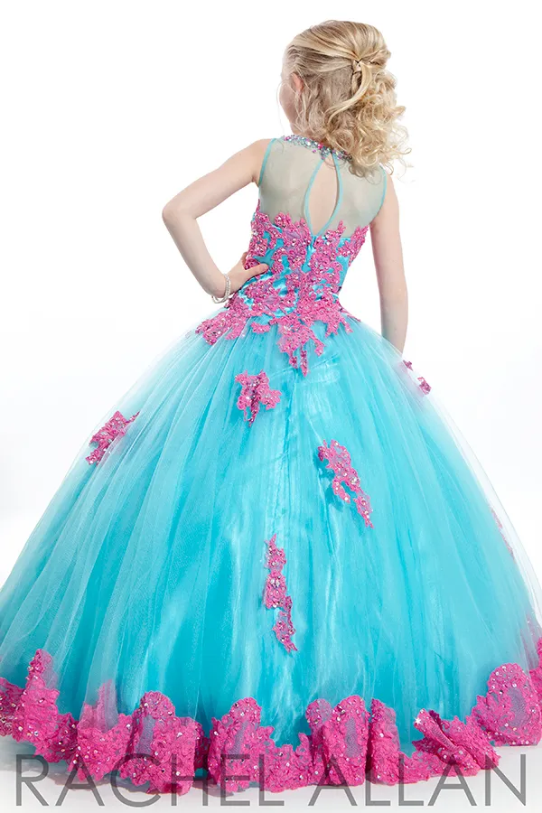 2015 Cute Little Girls Pageant Dresses Sheer Jewel Neck Hot Pink And Aqua Blue front