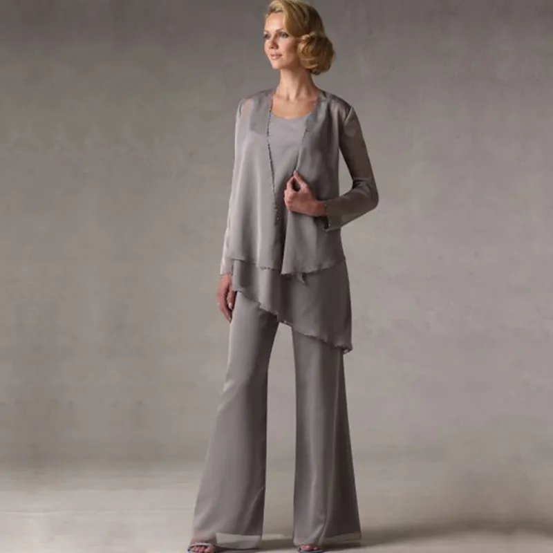 Mother of The Groom Grey Chiffon Bridal Mother Bride Pant Suits With Jacket Women Evening Pant Suits robe de mere de mariee