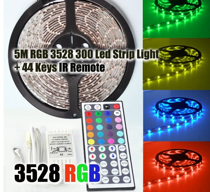 Hot 3528 RGB LED Strip Light 5M 300SMD LED STRIPE 44KEYS SMD IR Fjärrkontroll 5050 LED-rand RGB