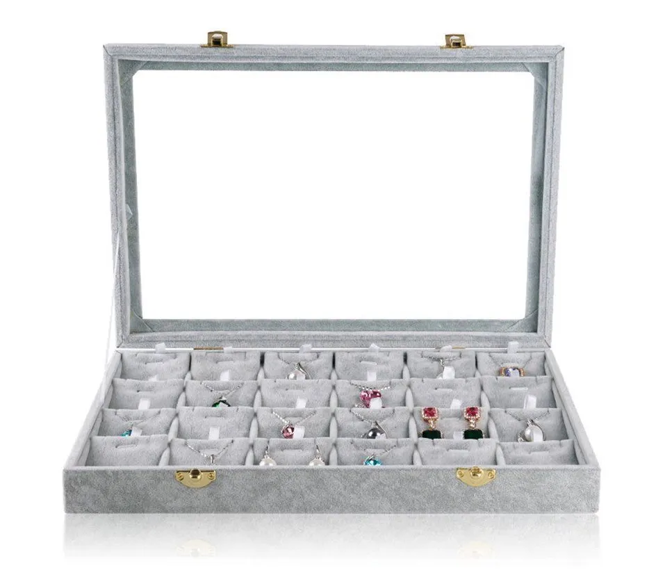 silver gray velvet 24 grids jewelry display case with glass cover for pendant