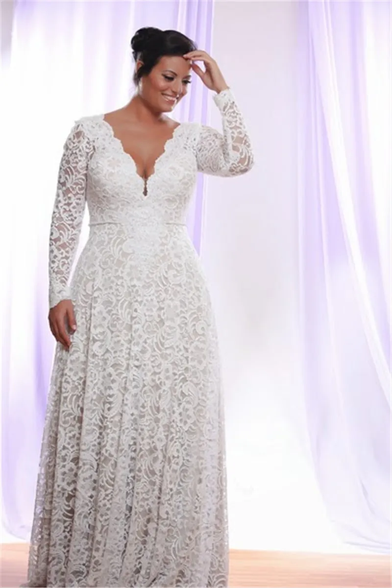 Goedkope Plus Size Full Lace Trouwjurken Met Afneembare Lange Mouwen V-hals Bruidsjurken Vloerlengte Een Lijn Trouwjurk281d