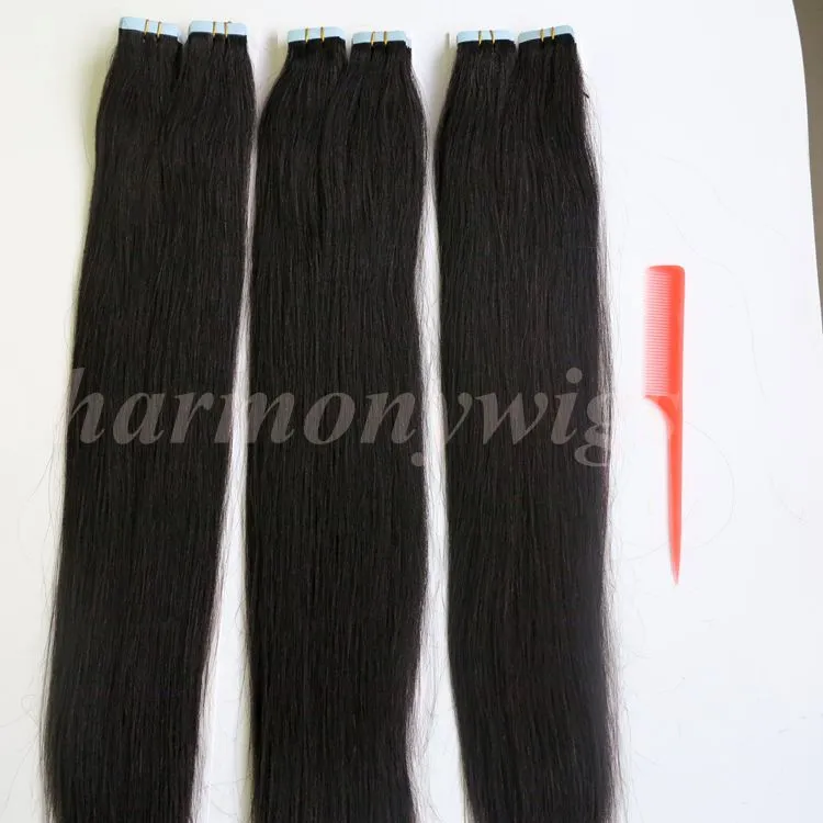 Najwyższa jakość 100g 40 sztuk klejowa skóra taśma wątku w przedłużeniach włosów Brazylijski Indian Human Hair 18 20 22 24 cali # 1b / Off Black