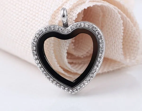 FULL Rhinestones Peach Heart Shape Glass Floating Locket Pendant Fit For Necklace Chain Making