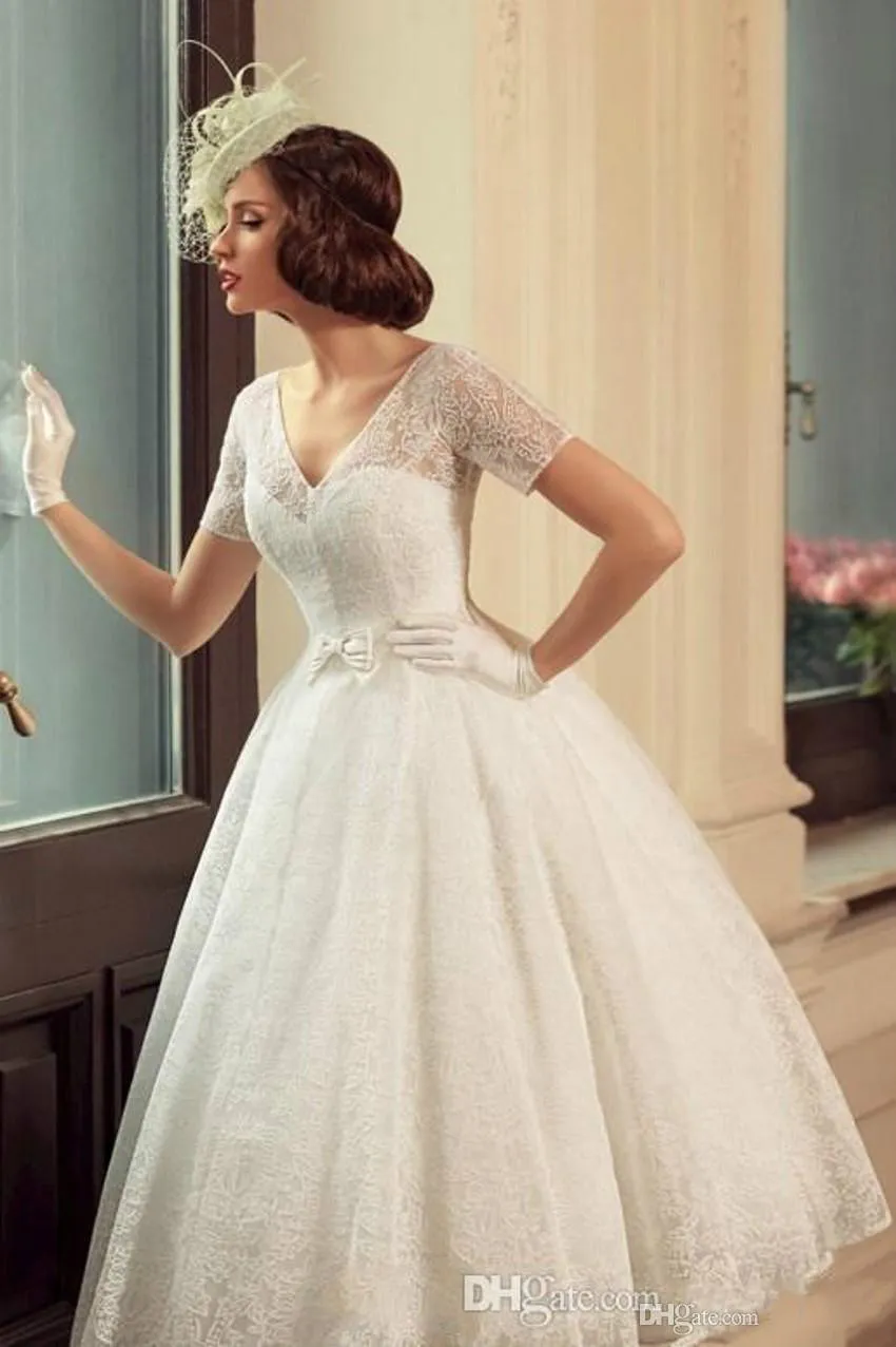 Vintage Tea Length Wedding Dresses 2015 V Neck Illusion Short Sleeves Ball Gown Bridal Dress Soft France Lace Wedding Gowns with Bow 2015