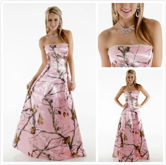 Crystal Pink Camo Wedding Dresses With Beaded Strapless Neckline Realtree Bridal Dresses A Line
