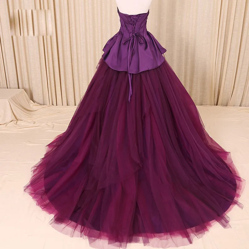 Fotos reais 2017 Roxo Querida Satin Tulle Quinceanera Vestidos Com Peplum Doce 16 Vestido Custom Made China EN11209