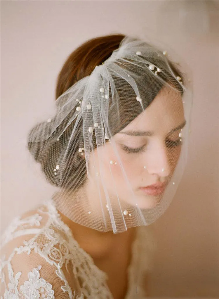 2015 Cheap Birdcage Wedding Veils 1 LAYER Ivory Blusher Short Bridal Wedding Veils With Beads5050843