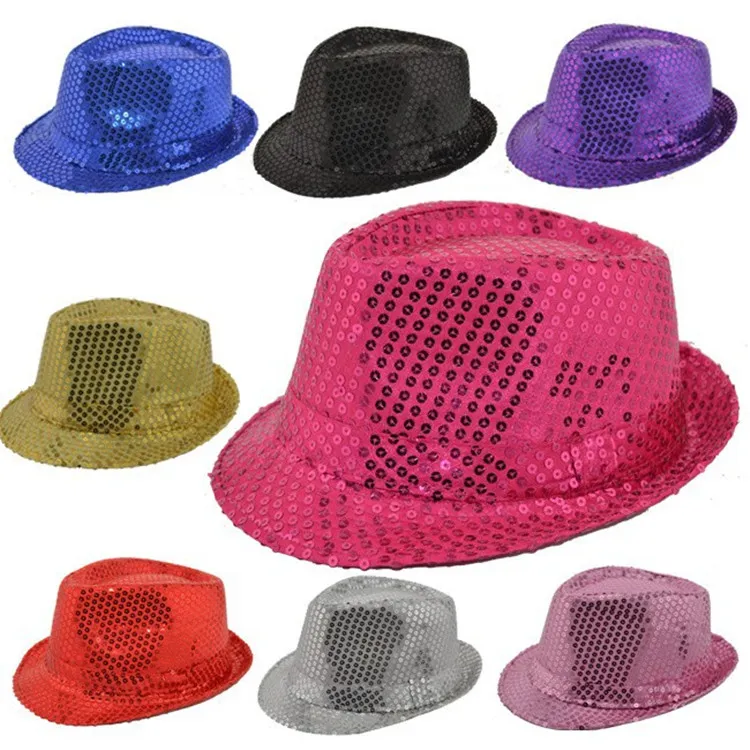 12 Pçs / lote Crianças Bling Bling Jazz Cap Crianças Meninos Meninas Show de Palco Chapéu Adultos Panamá Jazz Caps Fascinante Partido Traje Lantejoulas Chapéu Fedora