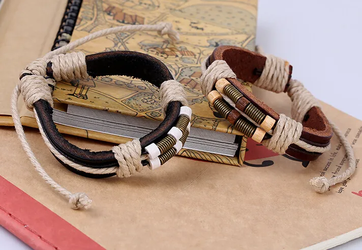 2015 Senaste versionen Läderarmband Bronse Spring Wooden Bead Genuine Läder Hand Catenary Manual Woven Armband 20st