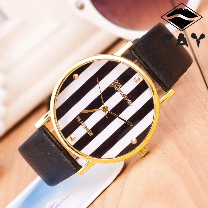 2015 New Genebra Gold Gold Listripe Women Dress Watches Luxury Leather Analog Quartz Wrist Watches Casual Ladies Watches Wholesal8518969