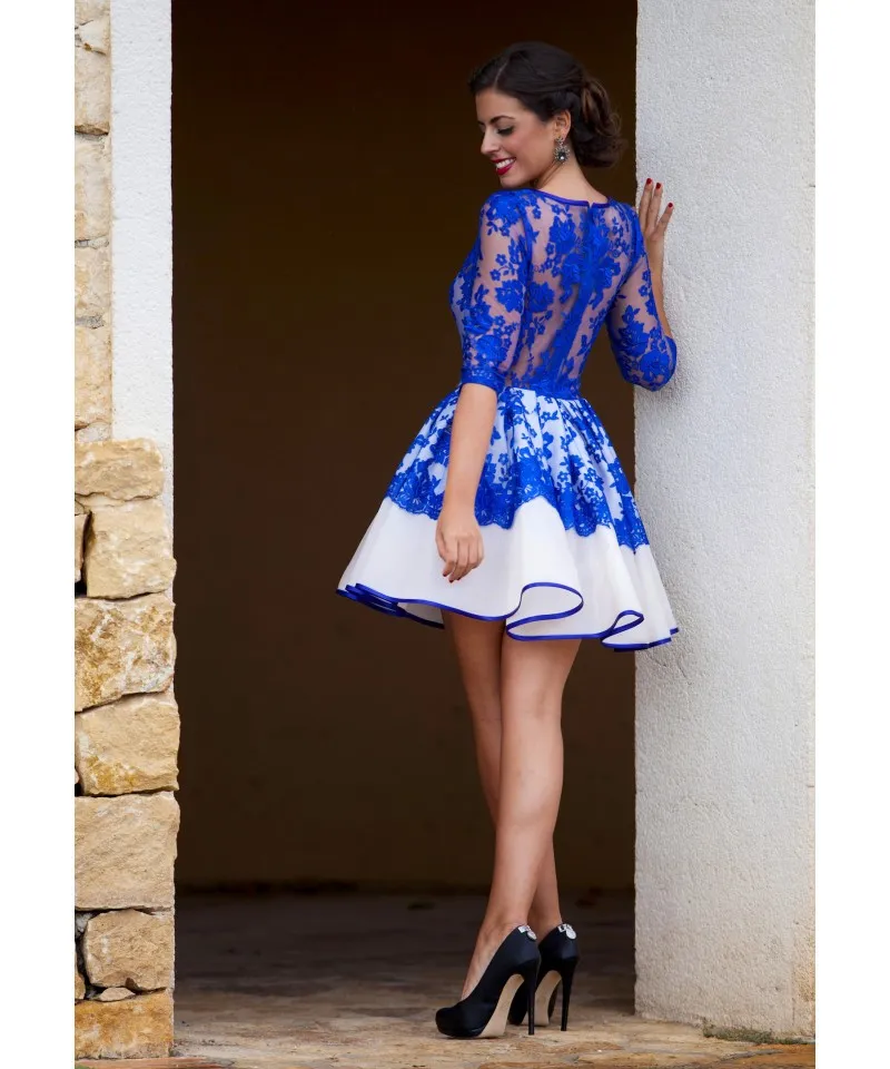 Sexy Half Mouwen Party Jurken Royal Blue Red See Through Pleats Ruffles Short Mini Formele Jurken Homecoming Graduation Jurk