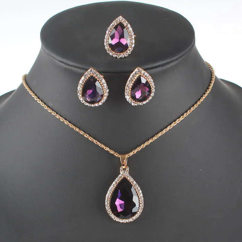 Trendy 18K Gold Plated Crystal Necklace Earring Ring Wedding Party Jewelry Set