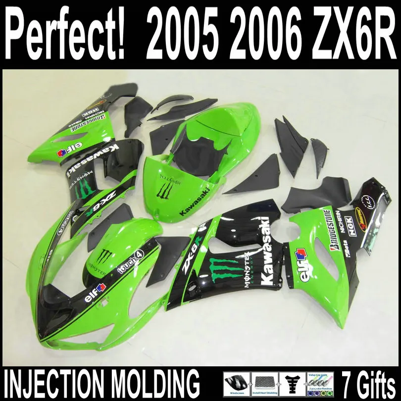 Wysoka jakość wtrysku dla Kawasaki ZX6R Fairing Kit 2005 2006 Fairings Fairing Green Black ZX6R 05 z 7 prezentami HDX94