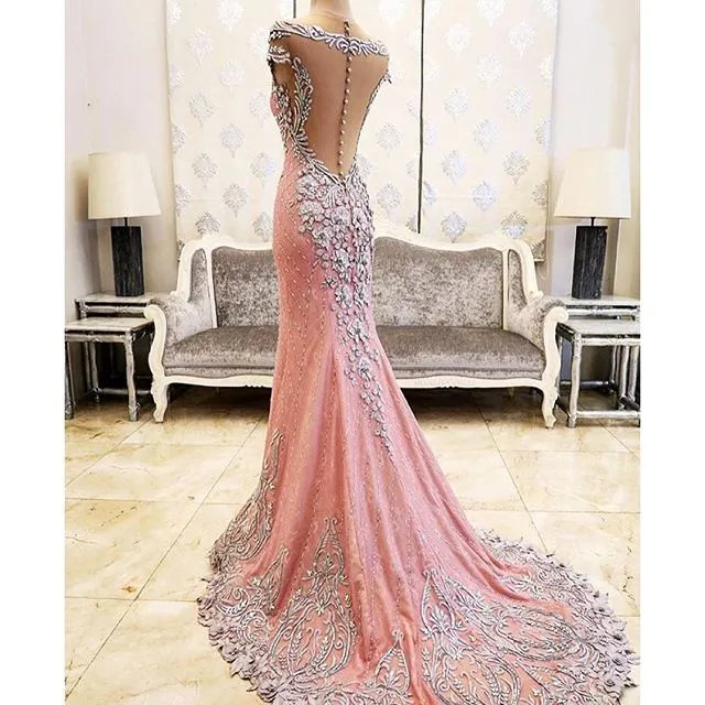 Luxury Real Image Prom Klänningar Lång Kortärmad Sheer Neck Pärlor Mermaid Evening Dress Vintage Beach Red Carpet Formella Pagant Party Gowns