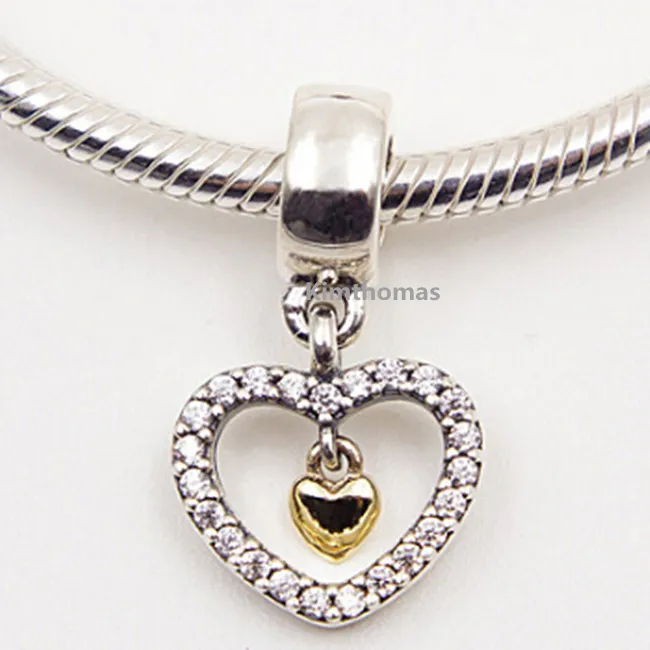 925 Sterling Silver & 14K Real Gold Forever in My Heart Dangle Charm Bead Fits European Pandora Jewelry Bracelets Necklaces & Pendants