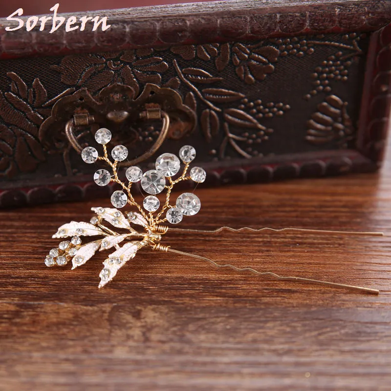 Gold Color Flower Leaf U Shape Hair Sticks Pearl Clip Vintage Hair Pins Wedding Accessories Crystal Bridal Head Piece