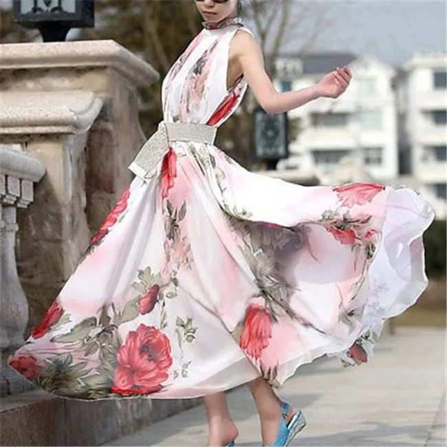 Chiffon Blouse Sexy Women Floral Summer Beach Party Evening Long Chiffon Dress Sundress