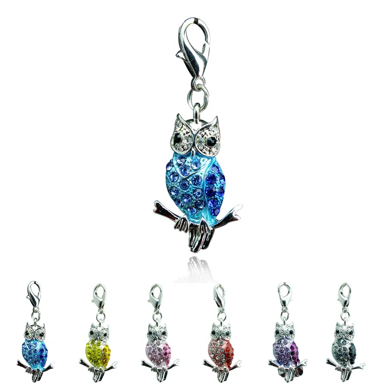 Hot Sale Fashion Floating Charms Hummer Clasp 5 Färg Rhinestone Owl Charms DIY Tillbehör Smycken Mix Order